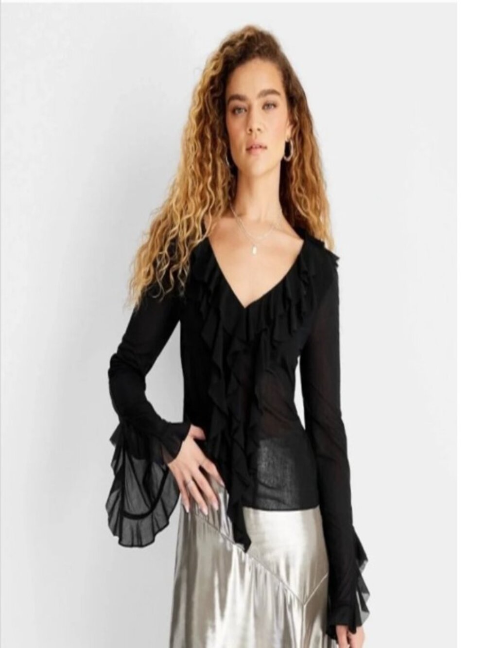 Future Collective Women's Elegant Sheer V-Neck Ruffle Long Sleeve Blouse Size 2X